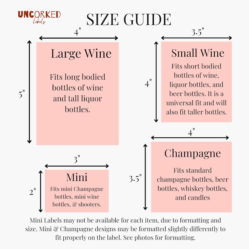 May include: A size guide for wine labels, featuring four pink rectangles with dimensions in inches. The guide includes labels for large wine bottles (4" x 5"), small wine bottles (3.5" x 4"), champagne bottles (4" x 3.5"), and mini bottles (3" x 2").