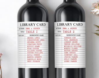 Library Card Table Number Wine Label, Vintage Book Themed Wedding Seating Chart, Bookish Bride Champagne Bottle, Custom Wedding Table Decor