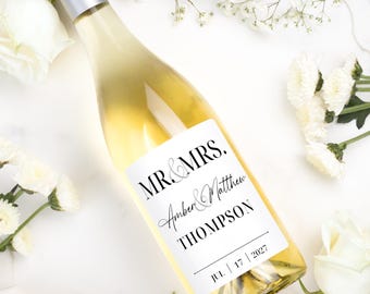 Personalized Mr and Mrs Wine Label, Wedding Day Champagne Sticker for Bride & Groom, Anniversary Keepsake, Bridal Shower Gift for Couple