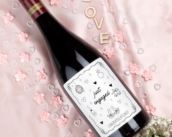 Just Engaged Wine Label, Hand Drawn Engagement Gift, Personalized Bridal Shower Gift for Couple, Custom Coquette Wedding Decor, Champagne