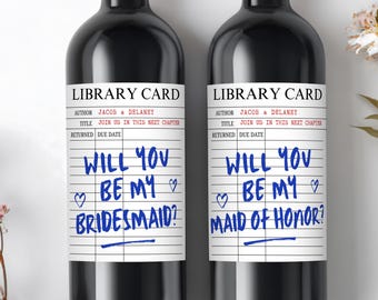 Book Themed Bridesmaid Proposal Wine Label, Library Card Bridal Shower, Bookish Wedding Party Champagne Bottle, Custom Maid of Honor Gift