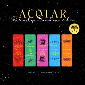 Puede incluir: Imagen de descarga digital con cinco marcadores coloridos con títulos humorísticos como "A Court of Quests and Adult Illiteracy". Los marcadores tienen ilustraciones y texto sobre un fondo estrellado.