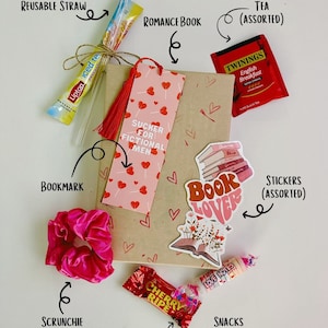 May include: A brown paper gift bag filled with various items, including a romance book, a bookmark, a pink scrunchie, a bookmark with the text "SUCKER FOR FICTIONAL MEN", a sticker that says "BOOK LOVER", a pack of tea, a pack of candy, and a pack of stickers.