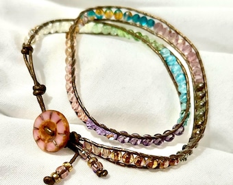Pretty Pastel 4mm Czech Crystal and Glass Beaded Rainbow Leather Double-Wrap Adjustable Bracelet with Table Cut Glass Button Closure.