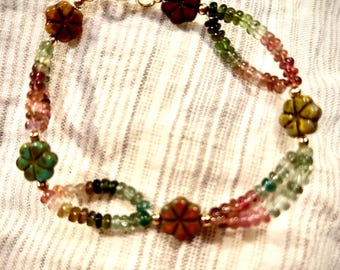 Multi-colored Tourmaline Bracelet with Glass Bead Flowers