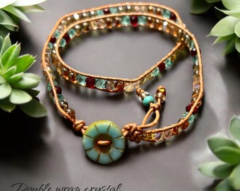 4mm Czech Crystal and Glass Beaded  Leather Double-Wrap Adjustable Bracelet. Dark Topaz/ Sky Blue/ Dark Red  Table Cut Button Closure.