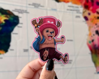 May include: A cartoon sticker of a brown and pink character with antlers, wearing a pink hat and a blue backpack. The character is jumping and has a big smile.