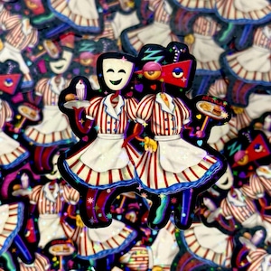 May include: A sticker sheet featuring a repeating pattern of stylized diner characters. The characters wear red and white striped uniforms with white aprons. One holds a tray with a milkshake, the other a burger. The background is dark with colorful accents.