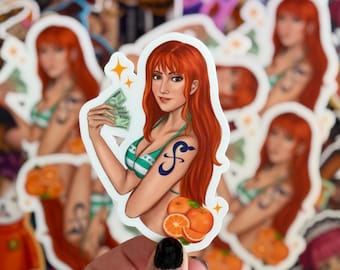 May include: A sticker featuring a cartoon illustration of a woman with long red hair, wearing a green and white swimsuit, holding money and standing in front of a pile of oranges. The sticker has a white background and a sparkly design.