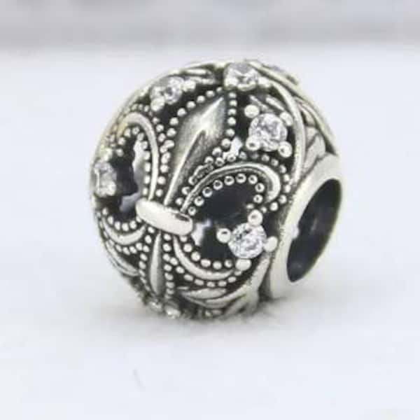 Pandora Sterling Silver Openwork Fleur-De-Lis Clear CZ Lucky Vacation & Travel Charm Holiday