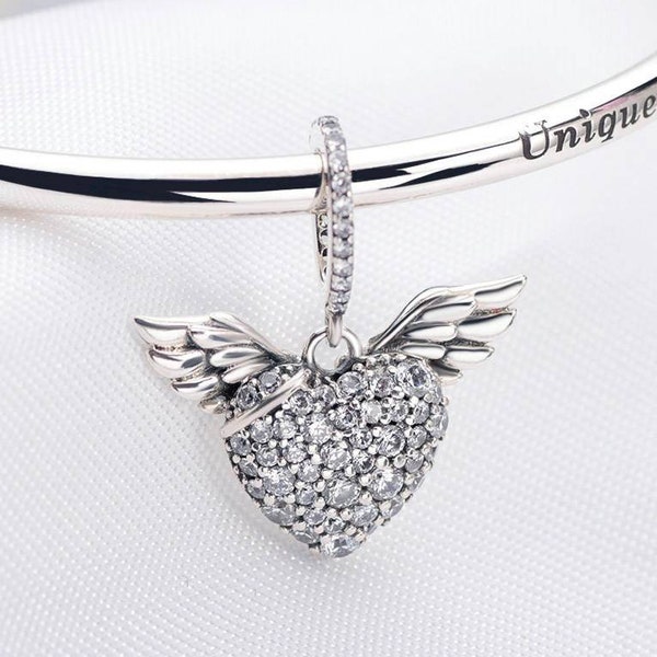 Clear Sparkling Pave Heart & Angel Wings, Pandora Silver Dangle Charm, Pendent and Necklace Charm, Halloween Sale