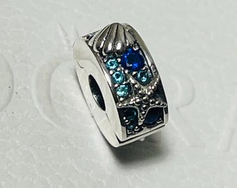 Charm Pandora con clip de estrella de mar tropical y concha azul, auténtico S925 ALE, ideal para vocación, playa y diversión.