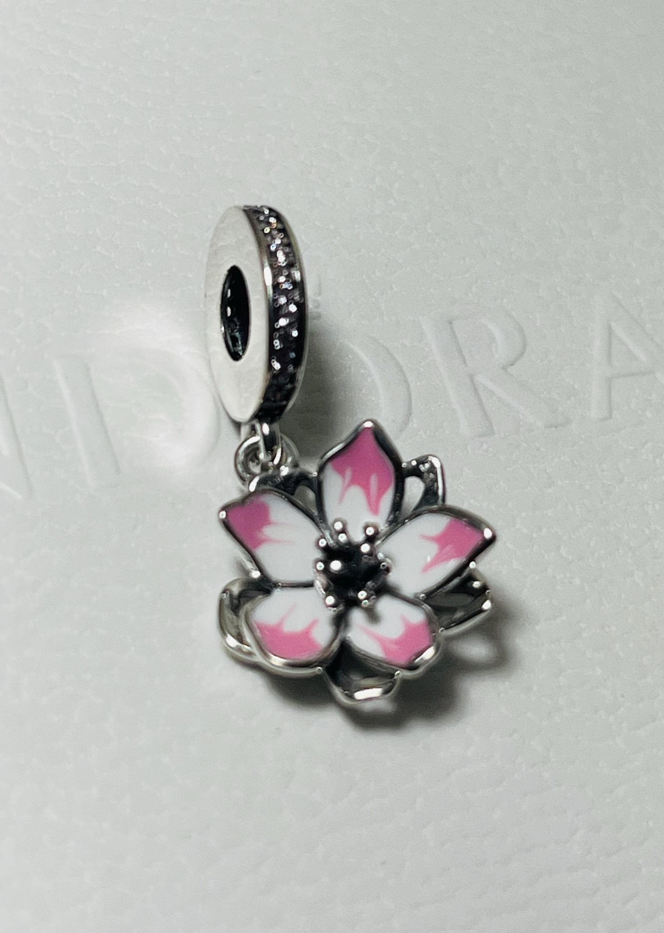 Cherry Blossom Dangle Charm Pandora Pink & White Enamel Sparkling