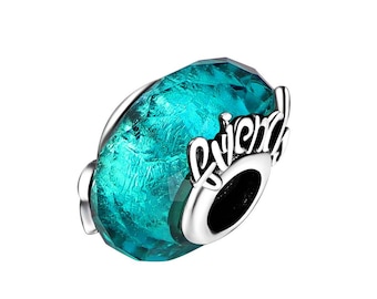 Charm de cristal de Murano verde azulado con cuentas facetadas "Friends Always Fascinating" (Oferta de fin de verano)