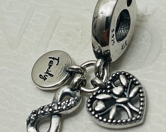 New Pandora 925 Family Tree Infinity Love Triple Trio Dangle Charm Bead w/pouch