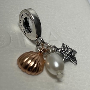 May include: A silver charm with a round charm with the text "My treasure" and a seashell, a pearl, and a starfish attached.