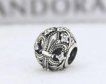 Pandora Sterling Silver Openwork Fleur-De-Lis Clear CZ Lucky Vacation & Travel Charm Holiday
