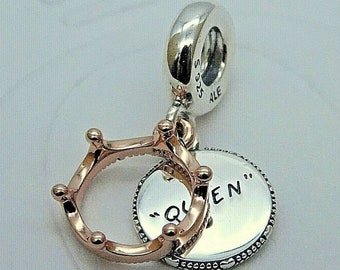 Charm colgante con corona real y reina, original Pandora, plata de ley chapada en oro rosa de 14 k. Especial.
