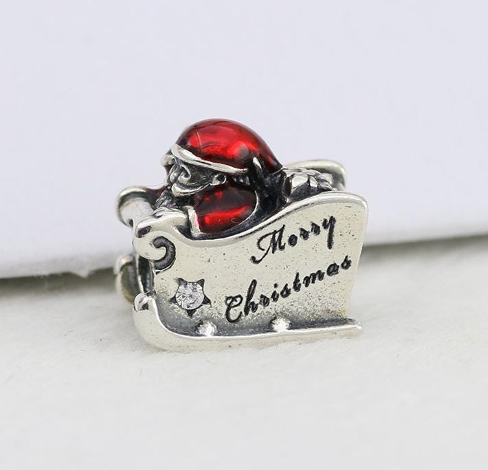 Santa Sleigh Merry Christmas Charm Pandora Silver 925 ALE Wintery Scene