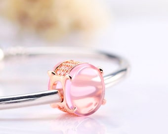 New Pandora Rose Charm Pink Oval Cabochon Bead w/pouch