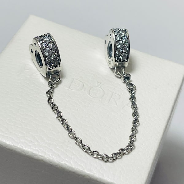 New Sparkling Pandora PAVE Heart Safety Chain For Charm Bracelet Mother's Day Deal