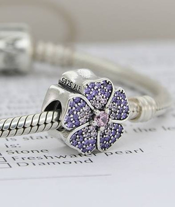 Sparkling Pave Primrose SS Pandora Charm Lavender Purple Flowers