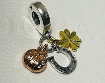 Charm Pandora en oro rosa con forma de herradura, trébol de la suerte y mariquita en plata de ley Oferta de Pascua