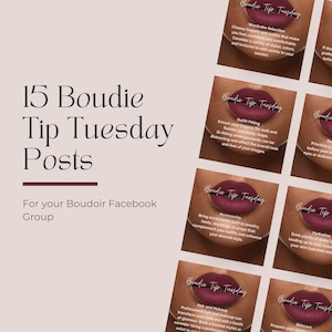 May include: A collage of nine pink and white squares with the text "Boudie Tip Tuesday" in a black and white font. Each square has a different tip for boudoir photography, such as wardrobe selection, outfit fitting, accessorising, hair and makeup, and skincare.