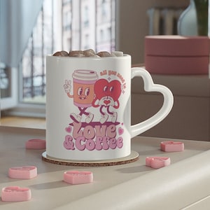 Love & Coffee Heart-Shaped Mug, Valentine's Mug, Heart Handle Mug, Heart Handle, Cute Gift For Coffee Lovers, Coquette Heart-Shaped Mug