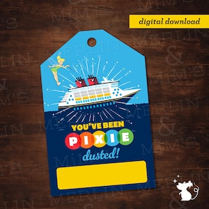 May include: A blue and white cruise ship illustration with the text "YOU'VE BEEN PIXIE dusted!" and a yellow rectangle. The image also features Tinkerbell and the words "digital download".