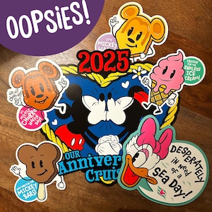 May include: A set of colourful Disney-themed stickers featuring Mickey Mouse, Minnie Mouse, Donald Duck, and various food items. The stickers have a retro cartoon style and include text such as "It's Mickey Waffle Day!" and "Our Anniversary Cruise".