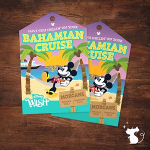 May include: Two Disney cruise tags with Mickey Mouse relaxing on a beach. The tags have a purple top with the words "Bahamian Cruise" and "Have Fun Chillin' On Your". The tags also include the text "The Morgans, February 2025, Stateroom 8143".