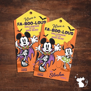 May include: Two rectangular yellow and orange tags with rounded tops and holes for hanging. The tags feature cartoon mice in skeleton costumes, bats, and the text Have a FA-BOO-LOUS HALLOWEEN ON THE HIGH SEAS, STATEROOM #9754, and THE Strahm FAMILY.
