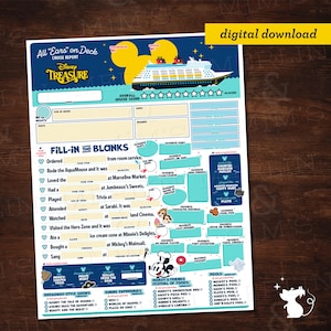 May include: A digital download Disney Cruise Report titled "All Ears on Deck" featuring the Disney Treasure cruise ship. The report includes fill-in-the-blank sections for cruise memories, favorite activities, and dining experiences. The report is decorated with Mickey Mouse and Pluto.