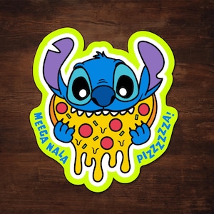 May include: A blue cartoon character, holding a slice of pizza with pepperoni, is featured on a sticker. The sticker has a neon green border and the words "MEEGA NALA PIZZZZA!" in a playful font.