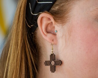 New Mexico Zia Sun State Flag Design Laser Cut Wood Earrings