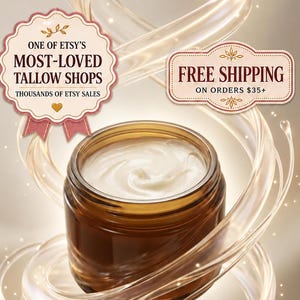 May include: A small amber glass jar filled with white cream, surrounded by swirling translucent ribbons of light. The image includes text labels reading ONE OF ETSY'S MOST-LOVED TALLOW SHOPS THOUSANDS OF ETSY SALES and FREE SHIPPING ON ORDERS $35+.