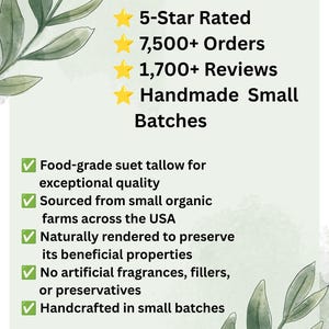 May include: An informational graphic titled Why GentleBlendz? featuring yellow star icons next to 5-Star Rated, 7,500+ Orders, 1,700+ Reviews, and Handmade Small Batches. Green checkmarks accompany text about food-grade suet tallow, organic sourcing, and no additives.