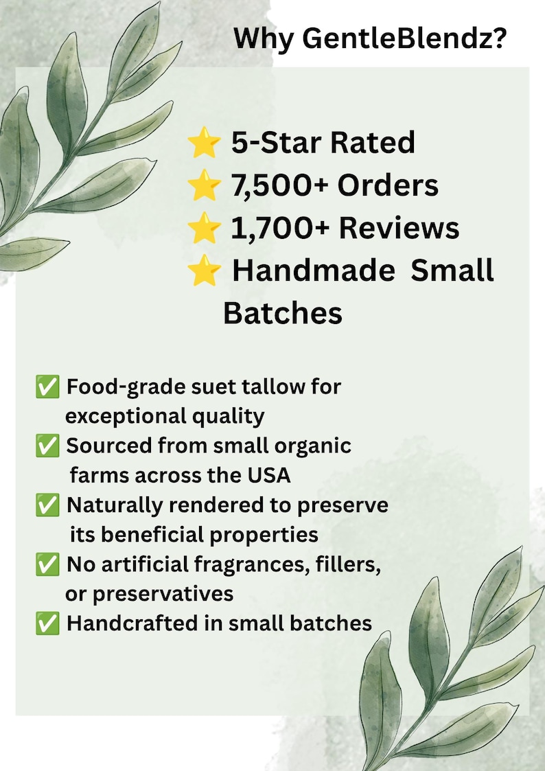 May include: An informational graphic titled Why GentleBlendz? featuring yellow star icons next to 5-Star Rated, 7,500+ Orders, 1,700+ Reviews, and Handmade Small Batches. Green checkmarks accompany text about food-grade suet tallow, organic sourcing, and no additives.