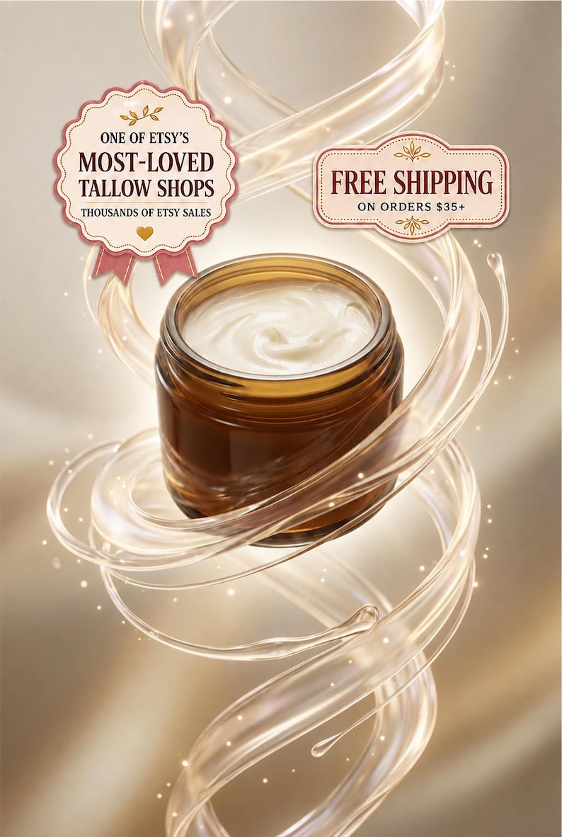 May include: A small amber glass jar filled with white cream, surrounded by swirling translucent ribbons of light. The image includes text labels reading ONE OF ETSY'S MOST-LOVED TALLOW SHOPS THOUSANDS OF ETSY SALES and FREE SHIPPING ON ORDERS $35+.