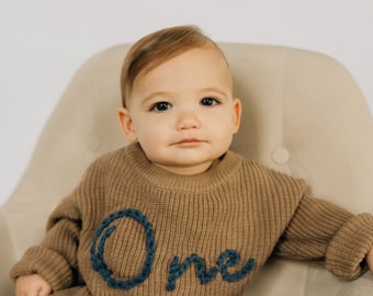 First Birthday Sweater, Hand embroidered One Sweater, Milestone Clothing, Baby Sweater