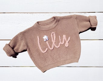 Personalized Baby Name Sweater, Hand Embroidered Gift, Chunky Name Sweater, Grow with me Sweater, Customized Baby Gift, Name Announcement