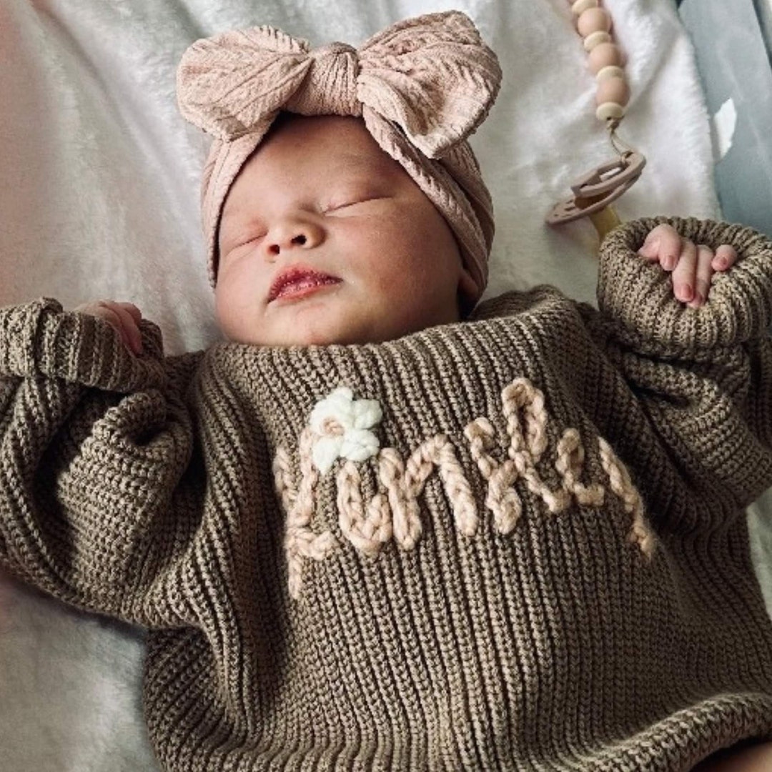 Newborn Name Sweater, Baby Name Sweater, Custom Hand Embroidered