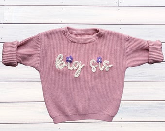 Big Sis Sweater, Lil Sis Sweater, Pink Hand Embroidered Sweaters, Matching Sibling, Custom Baby and Toddler Clothes, Big Bro and Lil Bro