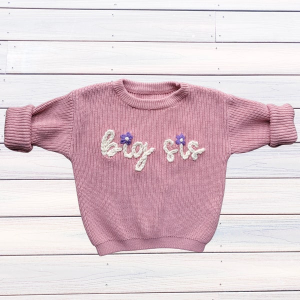 Big Sis Sweater, Lil Sis Sweater, Pink Hand Embroidered Sweaters, Matching Sibling, Custom Baby and Toddler Clothes, Big Bro and Lil Bro