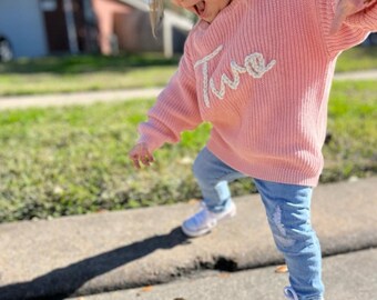Second Birthday Sweater, Hand embroidered Two Sweater, Milestone Clothing, Baby Sweater