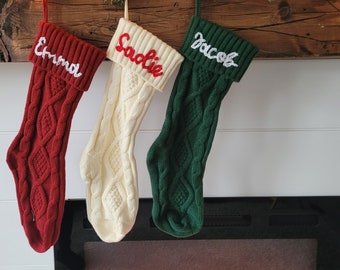 Hand Embroidered Christmas Stockings, Name Stocking, Family Knitted Personalized Christmas Stockings