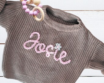 Personalized Baby Sweater, Hand Embroidered Name Sweater, Custom Baby Gift, Newborn Gift, Birth Announcement, Brown and Pink Name Sweater