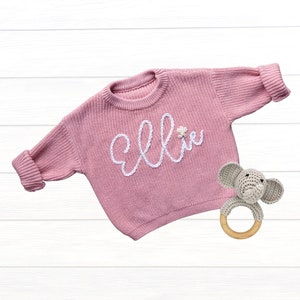 Baby Name Sweater, Hand Embroidered, Newborn Photo Prop, Boho Baby, Pink Baby Sweater, Oversize Sweater