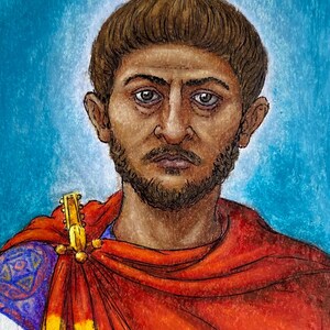 May include: A portrait of a man with brown hair and a beard, wearing a red and gold cloak. The artwork has a blue background and a gold clasp on the shoulder. The man's expression is serious.